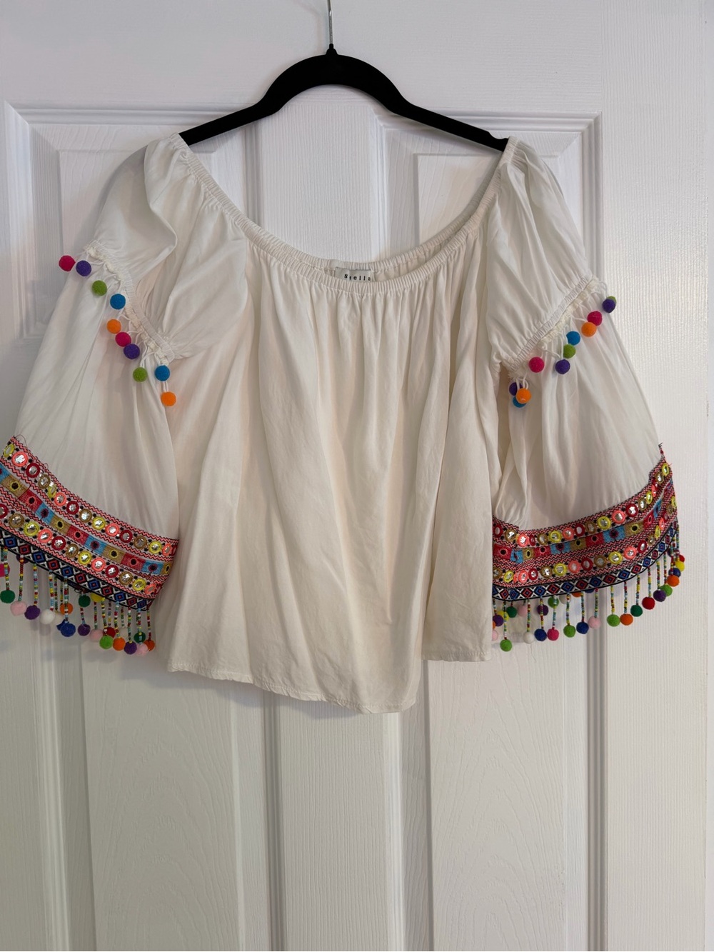 Stellah White Off-Shoulder Top with Multicolor Pom-Poms